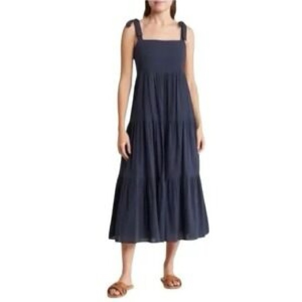 Madewell - Tie Strap Navy Tiered Lightweight Classic MIDI Dress Size Small